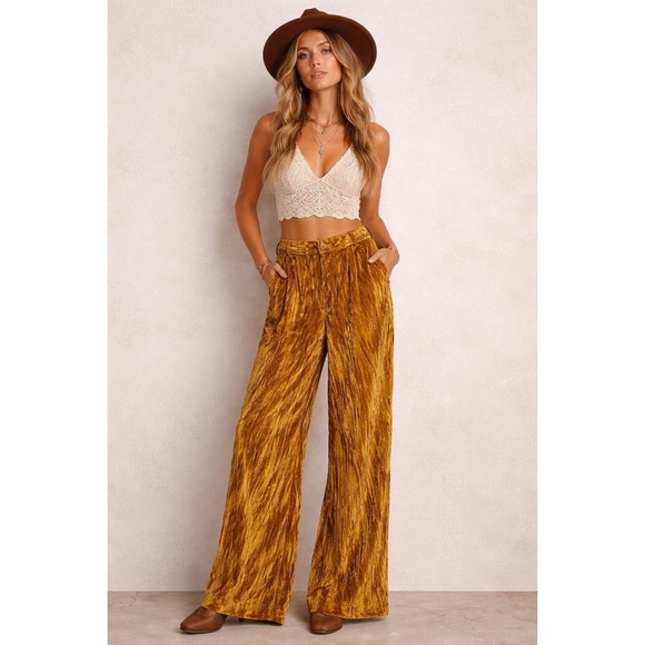 Free People Pants - NWOT Free People Run Away Velvet Wide Leg Pants Mustard Gold Velvet S 6